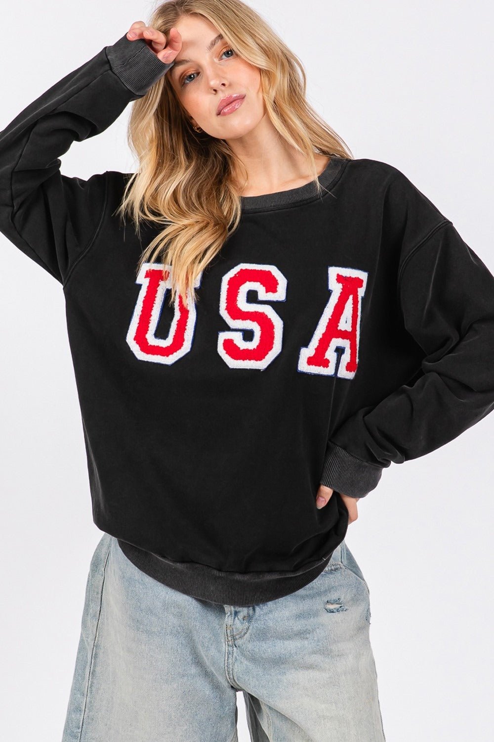 USA Letter Patch Round Neck Sweatshirt - Mack & Harvie