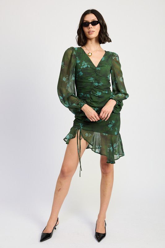 V NECK ASYMMETRICAL RUCHED MINI DRESS - Mack & Harvie