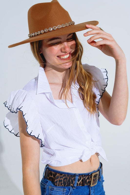 White Button Up Shirt With Polo Collar and Ruffled Sleeves With Black Trim - Mack & Harvie