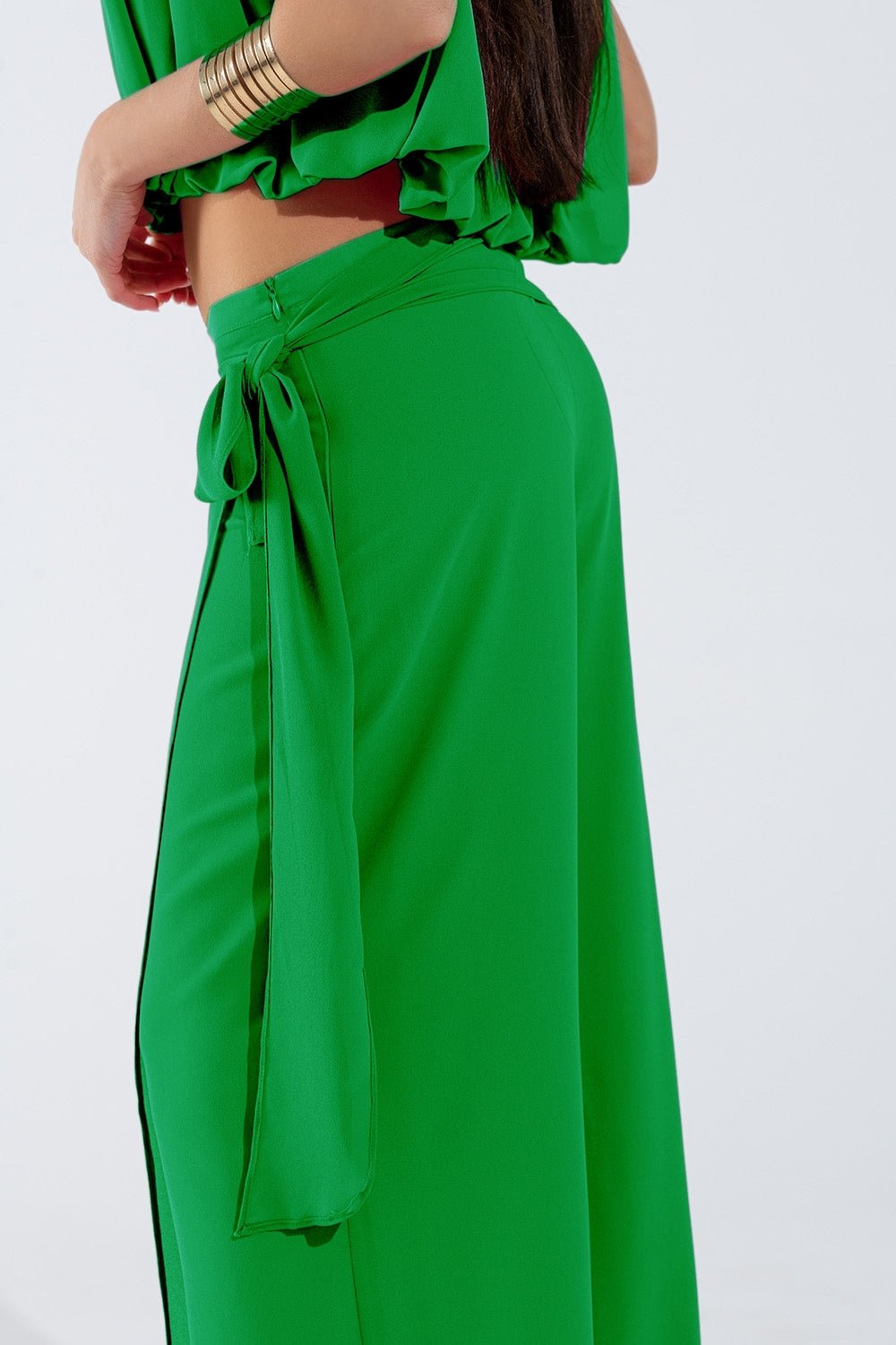 Wide Green Pants Overlay Skirt Tied at the Side - Mack & Harvie