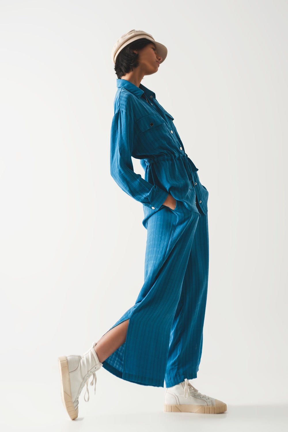 Wide Leg Drawstring Pants in Blue - Mack & Harvie