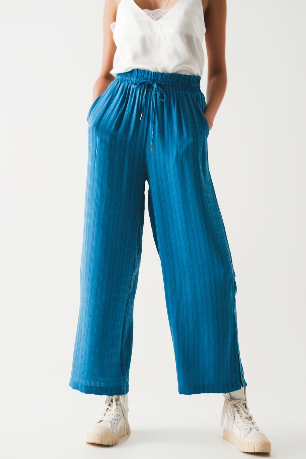 Wide Leg Drawstring Pants in Blue - Mack & Harvie