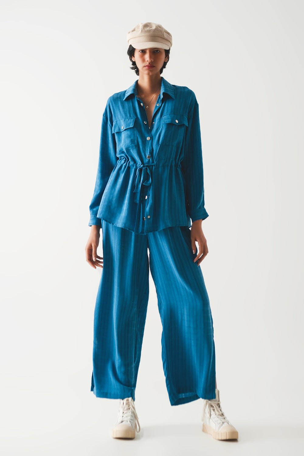 Wide Leg Drawstring Pants in Blue - Mack & Harvie