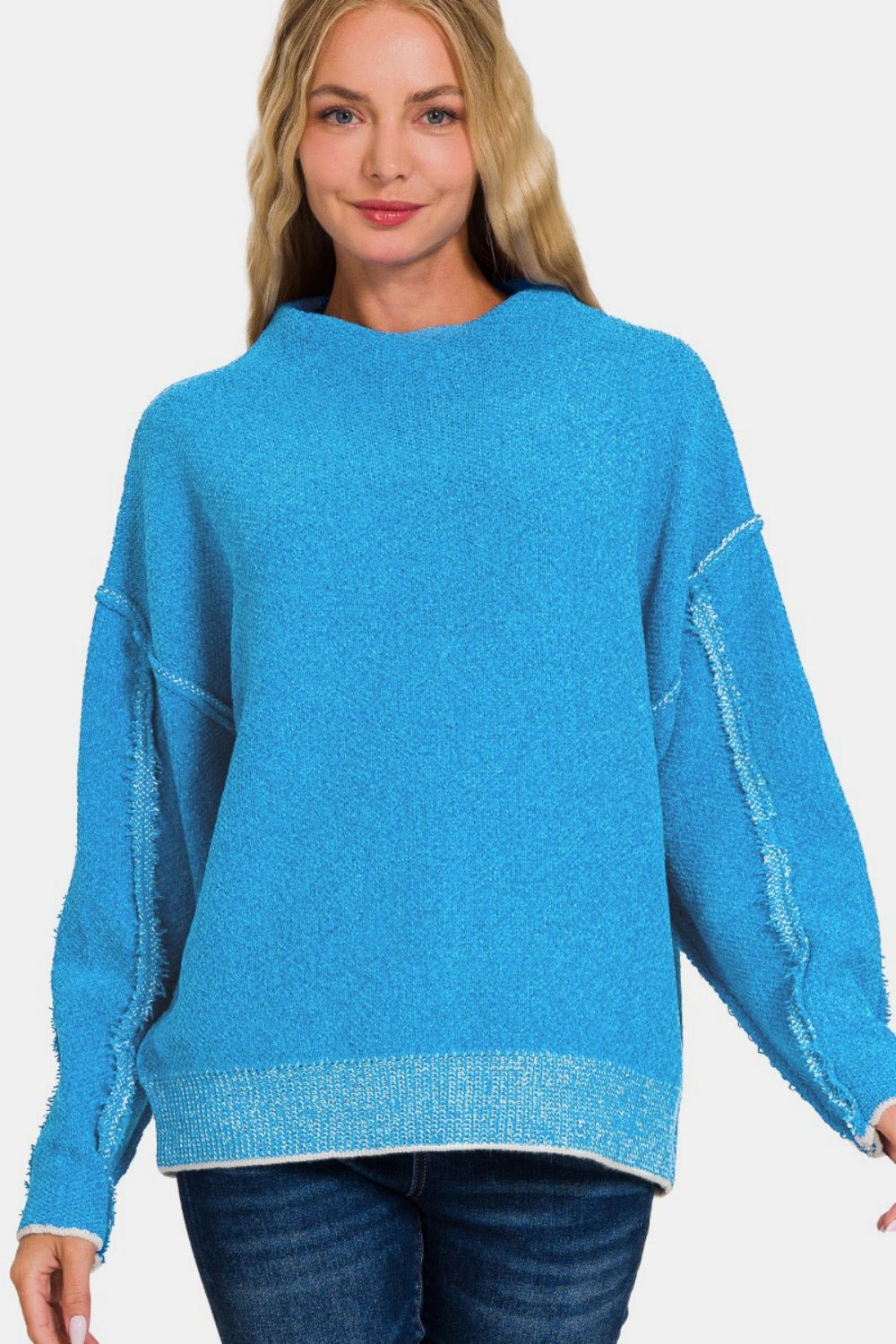 Zenana Exposed Seam Mock Neck Long Sleeve Sweater - Mack & Harvie