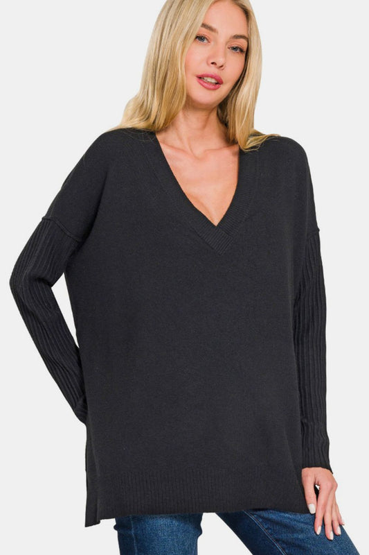 Zenana V - Neck Side Slit High - Low Sweater - Mack & Harvie