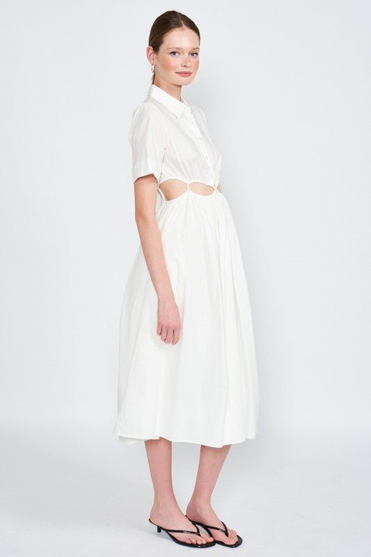 BUTTON UP COLLARED MIDI DRESS WITH CUT OUT - Mack & Harvie