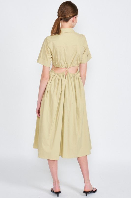 BUTTON UP COLLARED MIDI DRESS WITH CUT OUT - Mack & Harvie