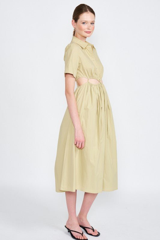 BUTTON UP COLLARED MIDI DRESS WITH CUT OUT - Mack & Harvie