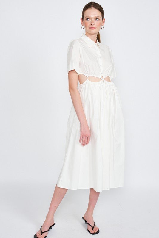 BUTTON UP COLLARED MIDI DRESS WITH CUT OUT - Mack & Harvie