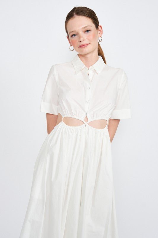 BUTTON UP COLLARED MIDI DRESS WITH CUT OUT - Mack & Harvie