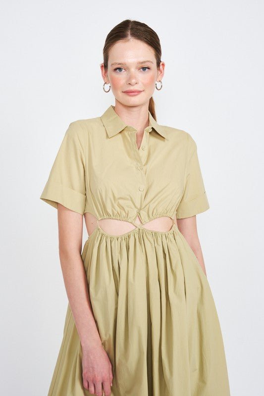 BUTTON UP COLLARED MIDI DRESS WITH CUT OUT - Mack & Harvie