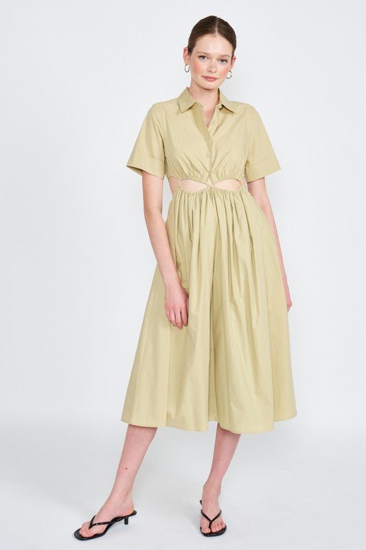 BUTTON UP COLLARED MIDI DRESS WITH CUT OUT - Mack & Harvie