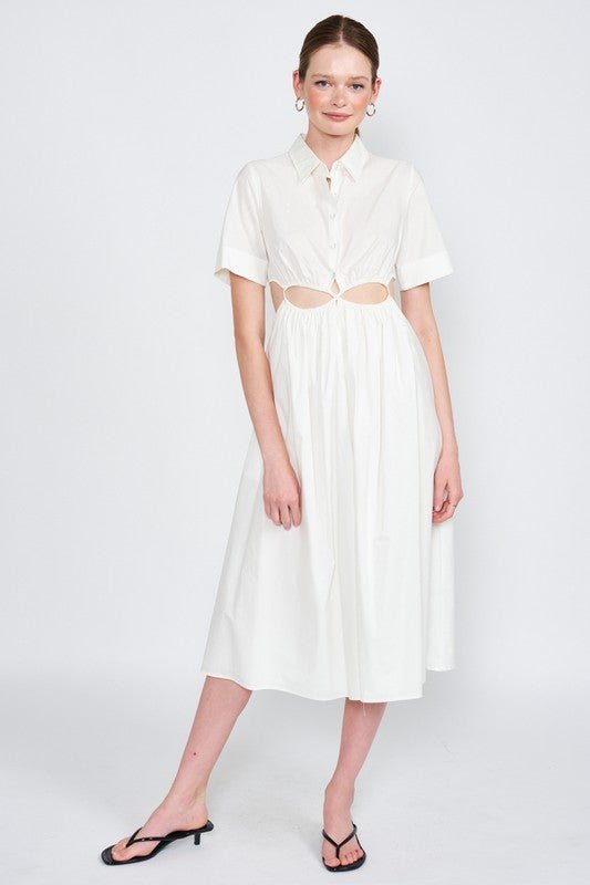 BUTTON UP COLLARED MIDI DRESS WITH CUT OUT - Mack & Harvie