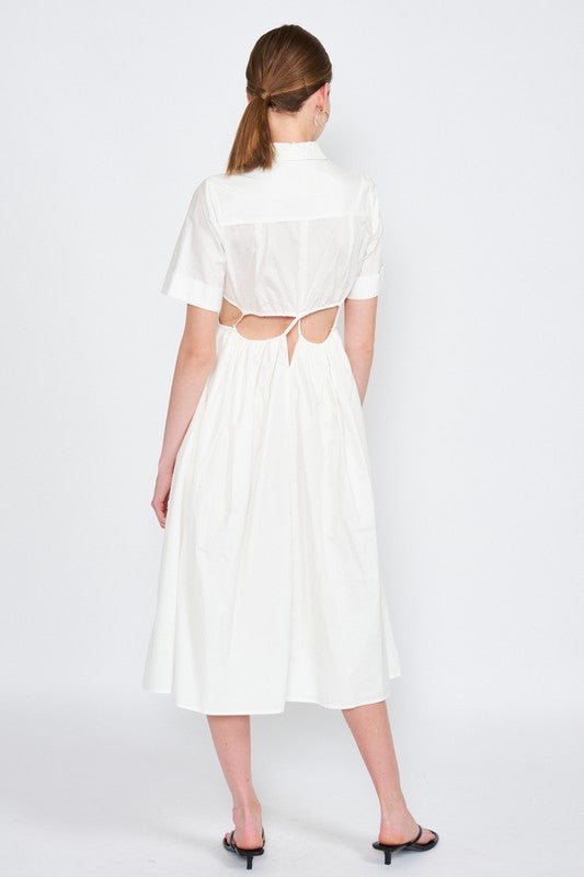 BUTTON UP COLLARED MIDI DRESS WITH CUT OUT - Mack & Harvie