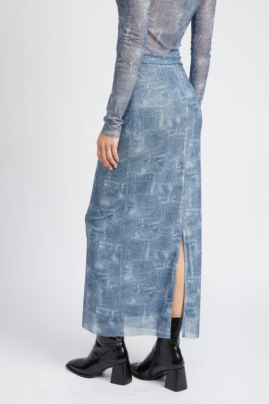 HIGH RISE PRNTED MAXI DENIM SKIRT - Mack & Harvie