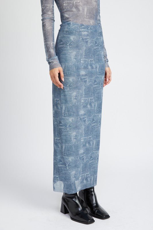 HIGH RISE PRNTED MAXI DENIM SKIRT - Mack & Harvie