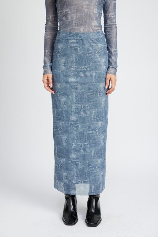 HIGH RISE PRNTED MAXI DENIM SKIRT - Mack & Harvie