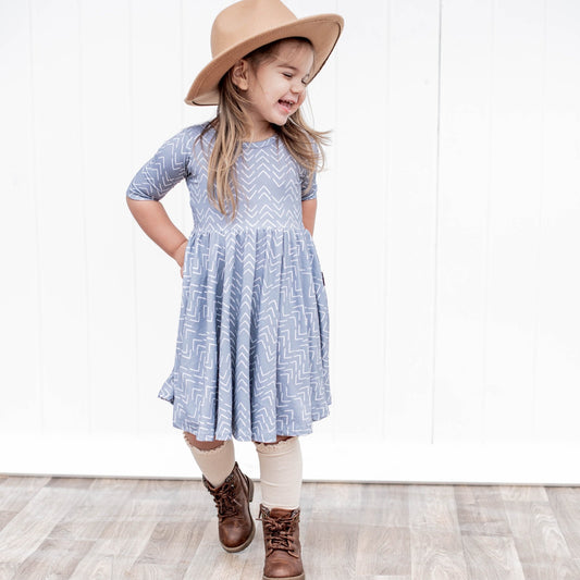 MID SLEEVE TWIRL DRESS- Blue Mud Cloth - Mack & Harvie