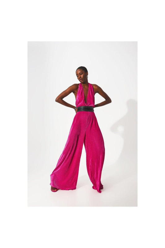 Satin Halter Neck Pleated Maxi Jumpsuit in Fuchsia - Mack & Harvie