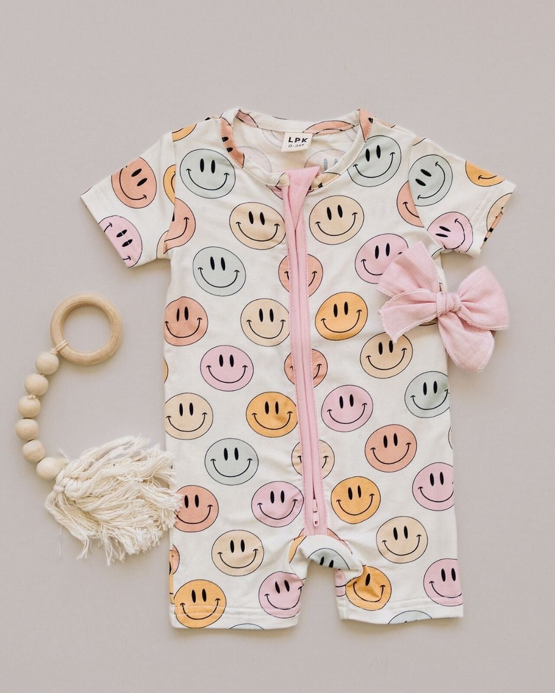 Smiley Bamboo Short Romper | Pink - Mack & Harvie