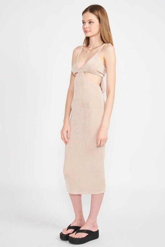 SPAGHETTI STRAP TIE BACK MIDI DRESS WITH CUTOUT - Mack & Harvie