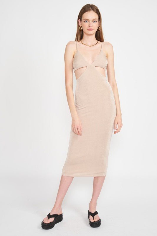 SPAGHETTI STRAP TIE BACK MIDI DRESS WITH CUTOUT - Mack & Harvie