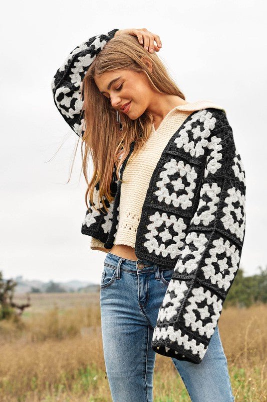 Two-Tone Floral Square Crochet Open Knit Cardigan - Mack & Harvie