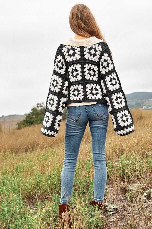 Two-Tone Floral Square Crochet Open Knit Cardigan - Mack & Harvie