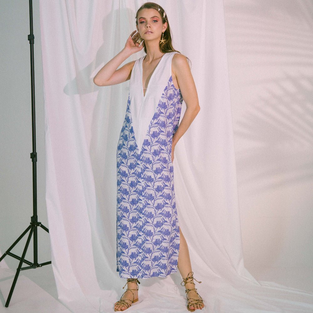 V-Neck Two Tone Beach Maxi Dress in Blue Biro - Mack & Harvie